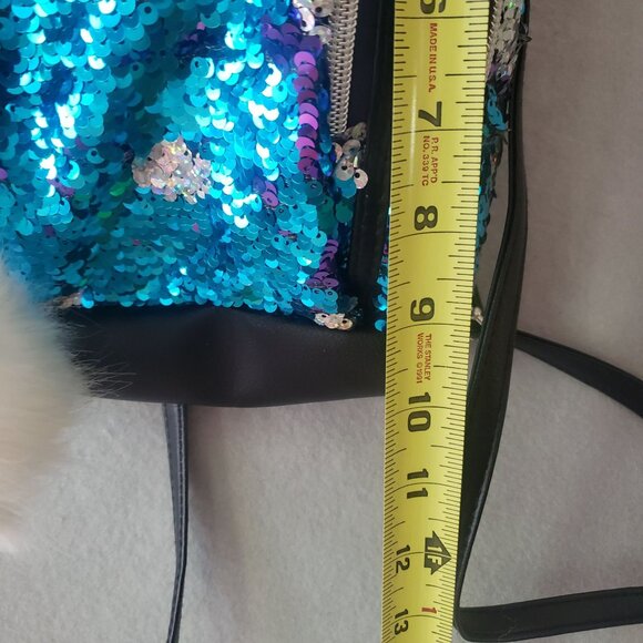 Justice Girls Mini Backpack Blue Purple Silver Color Change Sequin White Pom - Picture 5 of 13